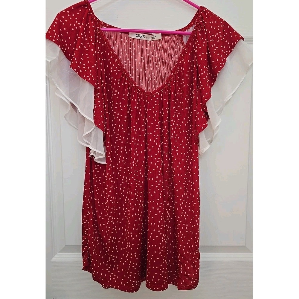 Cure Women's XL Blouse Red With White Polka Dots